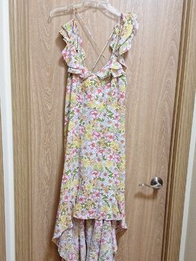 Emma & Michele Pink, Yellow & White Floral Ruffle High-Low Dress